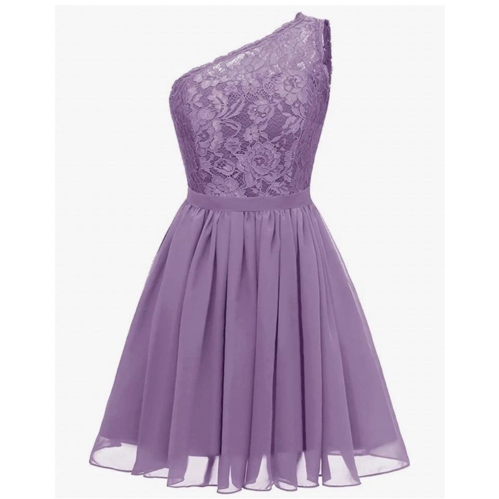NWOT One Shoulder Short A-line Chiffon Dress Size 12 Lavender Mauve Purple Lace